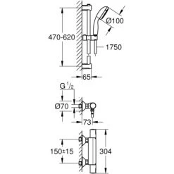 Grohe QuickFix Thermostat-Brausebatterie Precision Startmit Brausegarnitur -Duschwelt Verkauf 02177 4628 masszeichnung 3